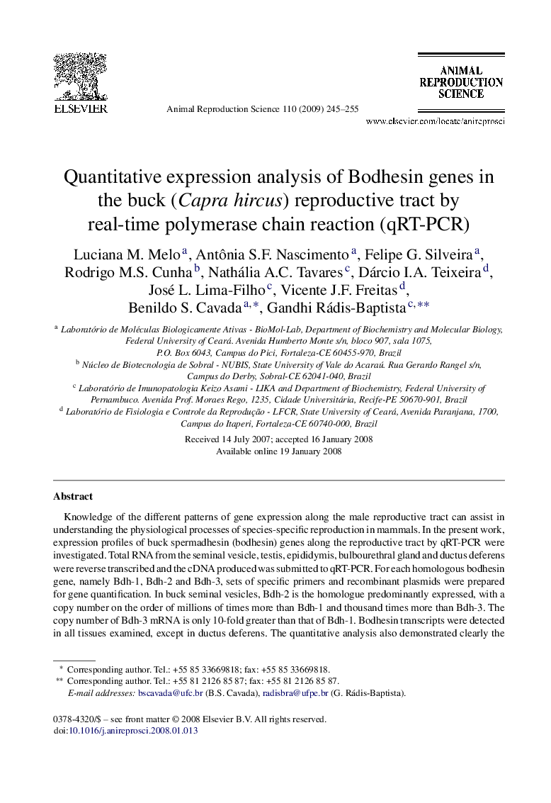 Quantitative expression analysis of Bodhesin genes in the buck (Capra hircus) reproductive tract by real-time polymerase chain reaction (qRT-PCR)