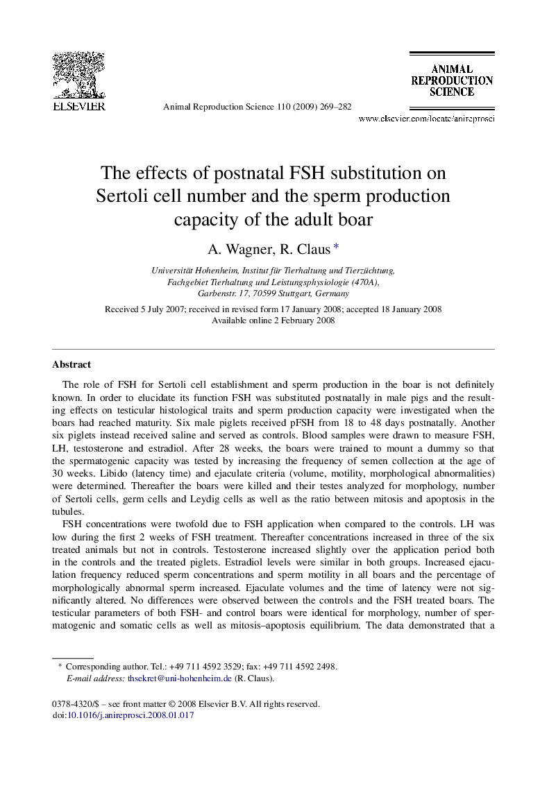 The effects of postnatal FSH substitution on Sertoli cell number and the sperm production capacity of the adult boar