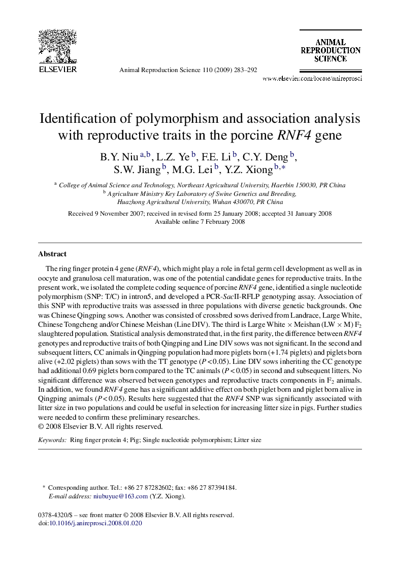 Identification of polymorphism and association analysis with reproductive traits in the porcine RNF4 gene