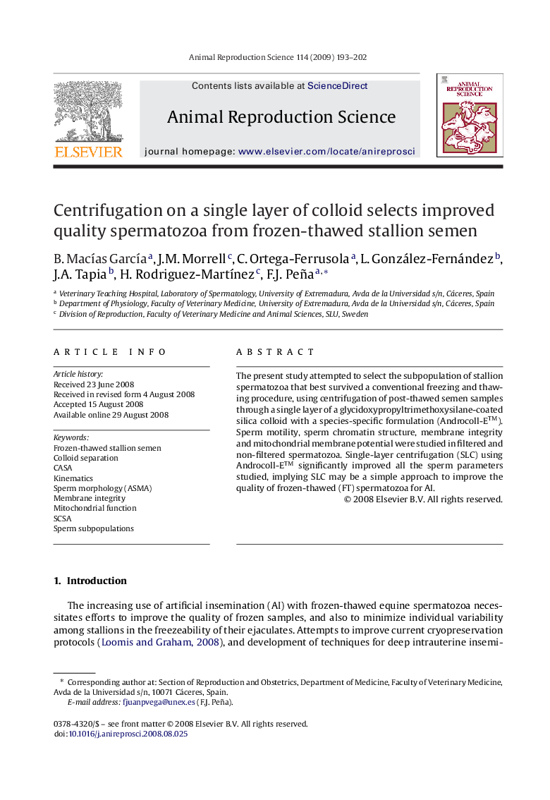 Centrifugation on a single layer of colloid selects improved quality spermatozoa from frozen-thawed stallion semen