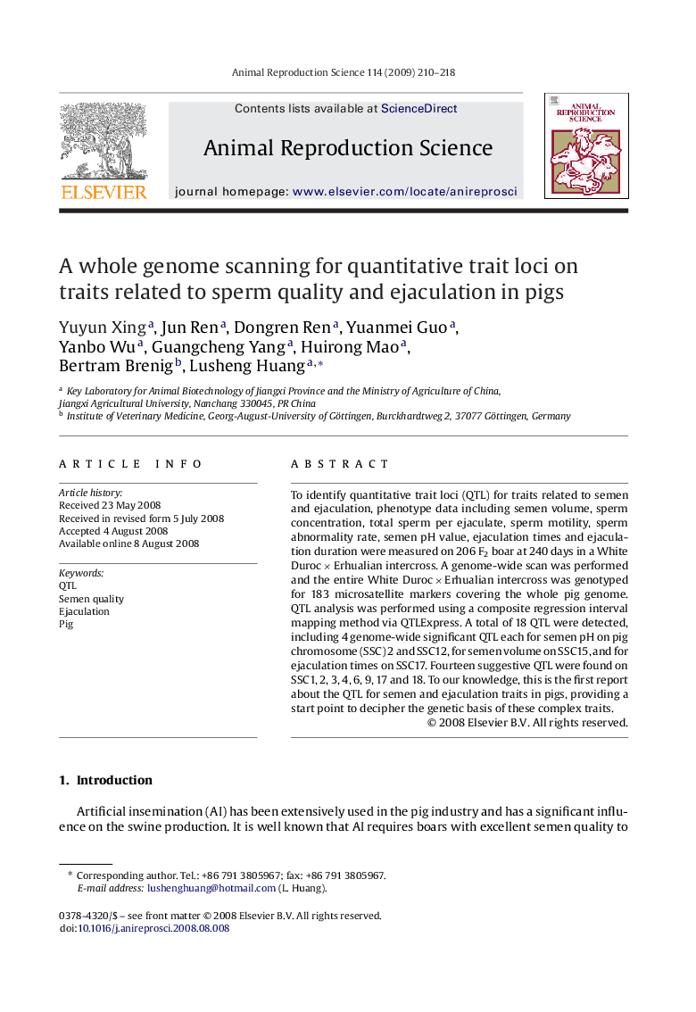 A whole genome scanning for quantitative trait loci on traits related to sperm quality and ejaculation in pigs