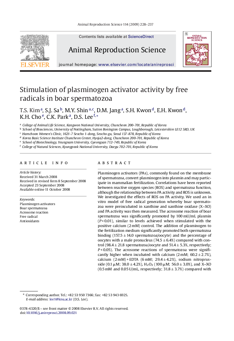 Stimulation of plasminogen activator activity by free radicals in boar spermatozoa