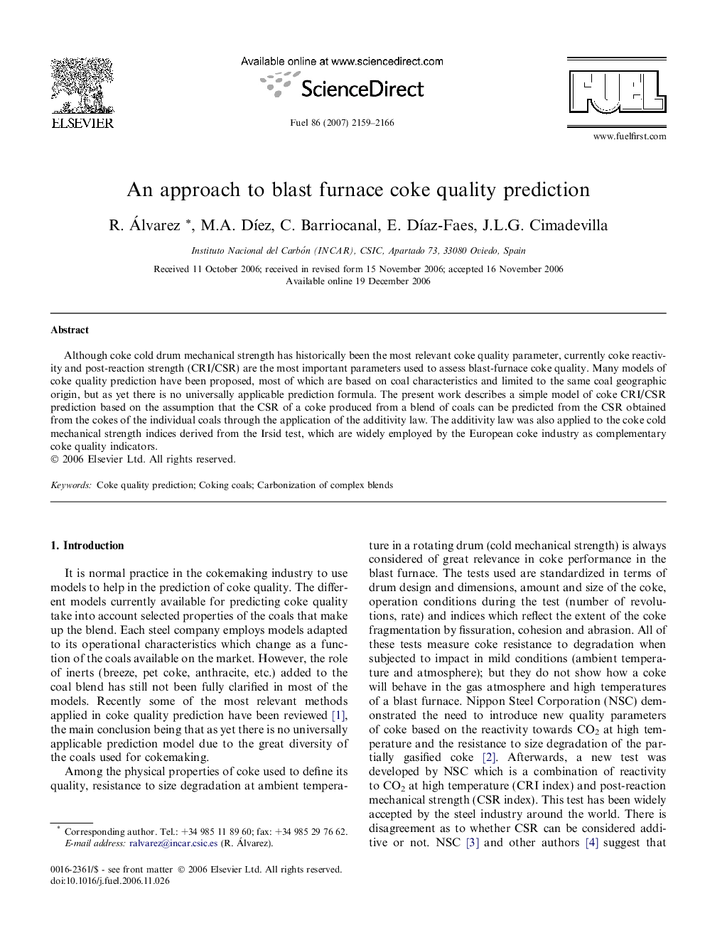 An approach to blast furnace coke quality prediction