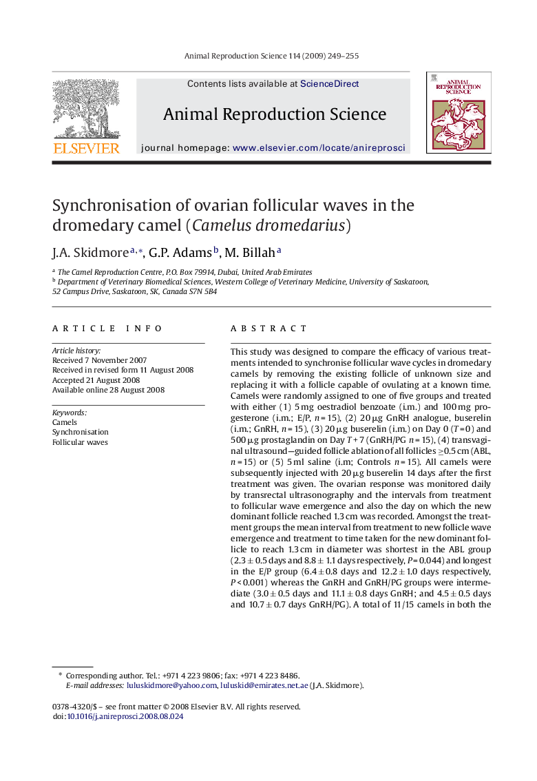 Synchronisation of ovarian follicular waves in the dromedary camel (Camelus dromedarius)