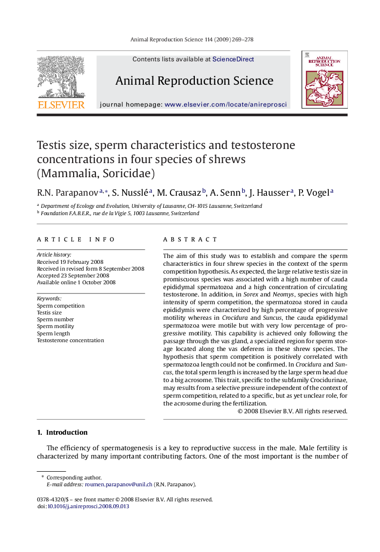 Testis size, sperm characteristics and testosterone concentrations in four species of shrews (Mammalia, Soricidae)