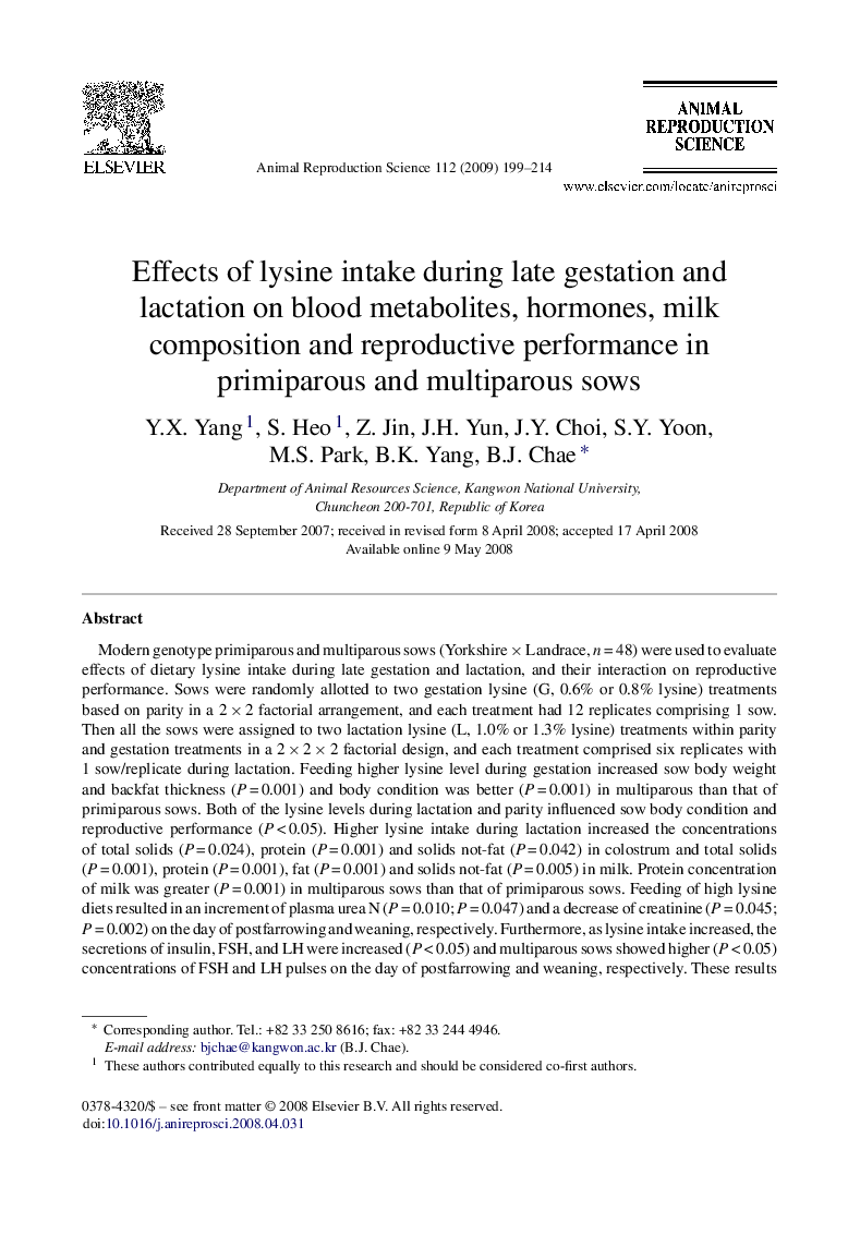 Effects of lysine intake during late gestation and lactation on blood metabolites, hormones, milk composition and reproductive performance in primiparous and multiparous sows