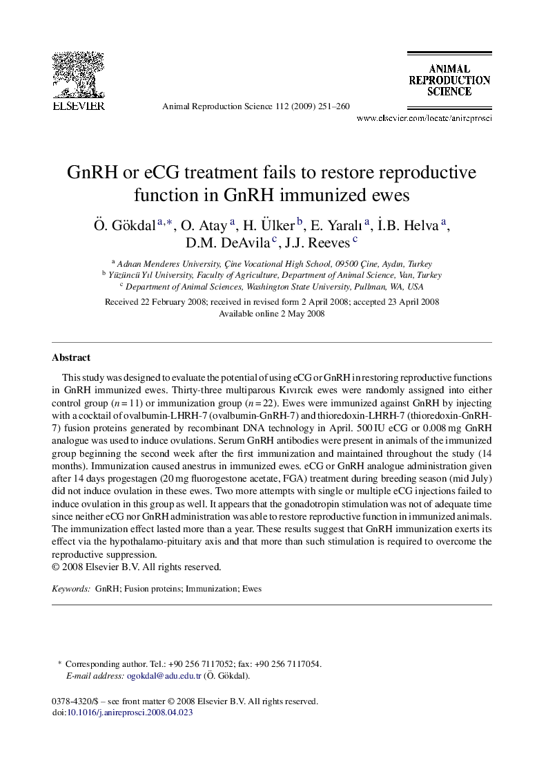 GnRH or eCG treatment fails to restore reproductive function in GnRH immunized ewes