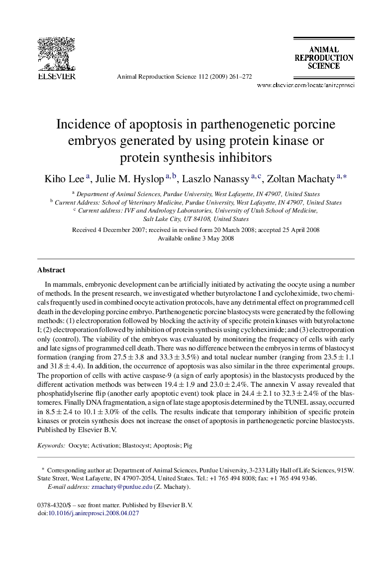 Incidence of apoptosis in parthenogenetic porcine embryos generated by using protein kinase or protein synthesis inhibitors