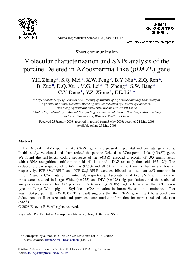 Molecular characterization and SNPs analysis of the porcine Deleted in AZoospermia Like (pDAZL) gene