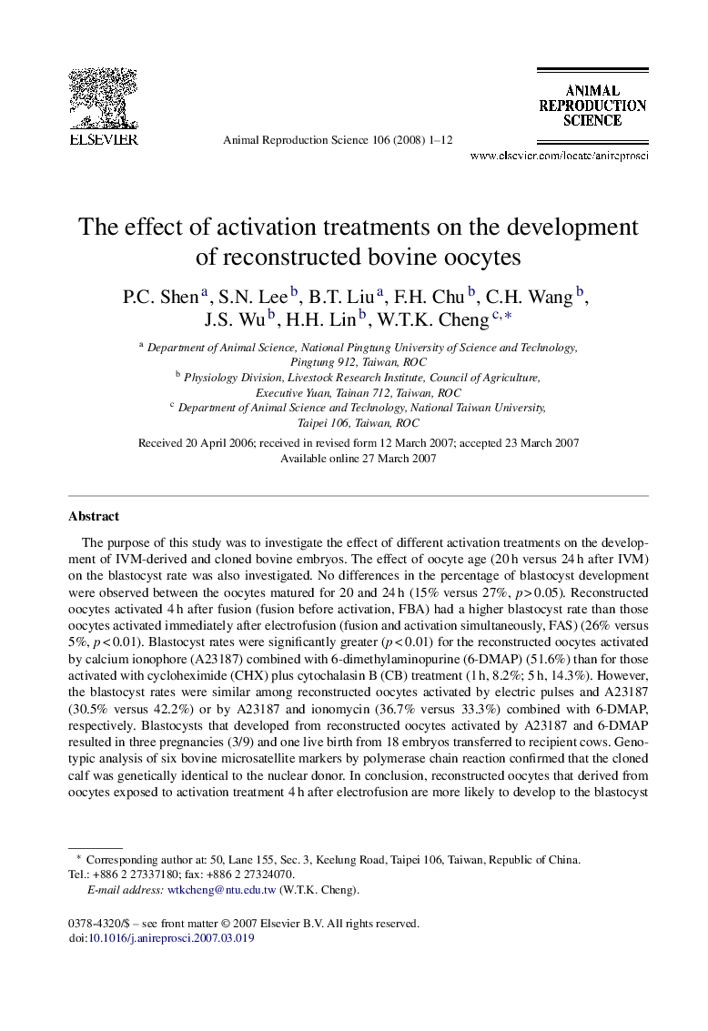 The effect of activation treatments on the development of reconstructed bovine oocytes