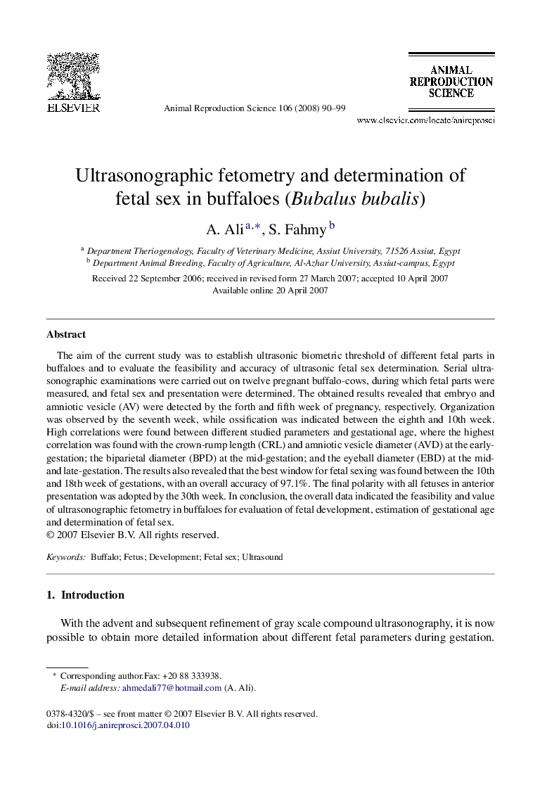 Ultrasonographic fetometry and determination of fetal sex in buffaloes (Bubalus bubalis)