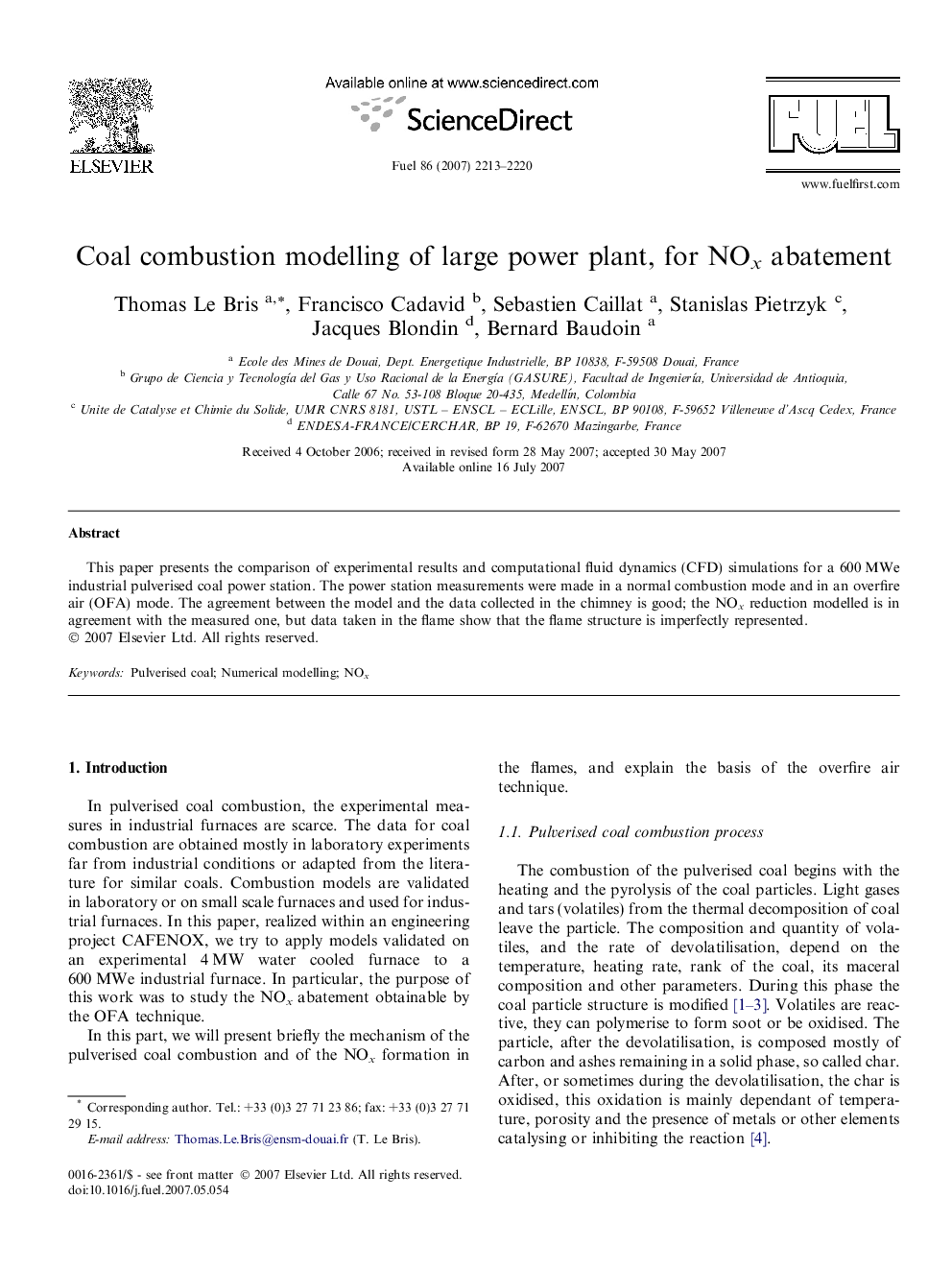 Coal combustion modelling of large power plant, for NOx abatement