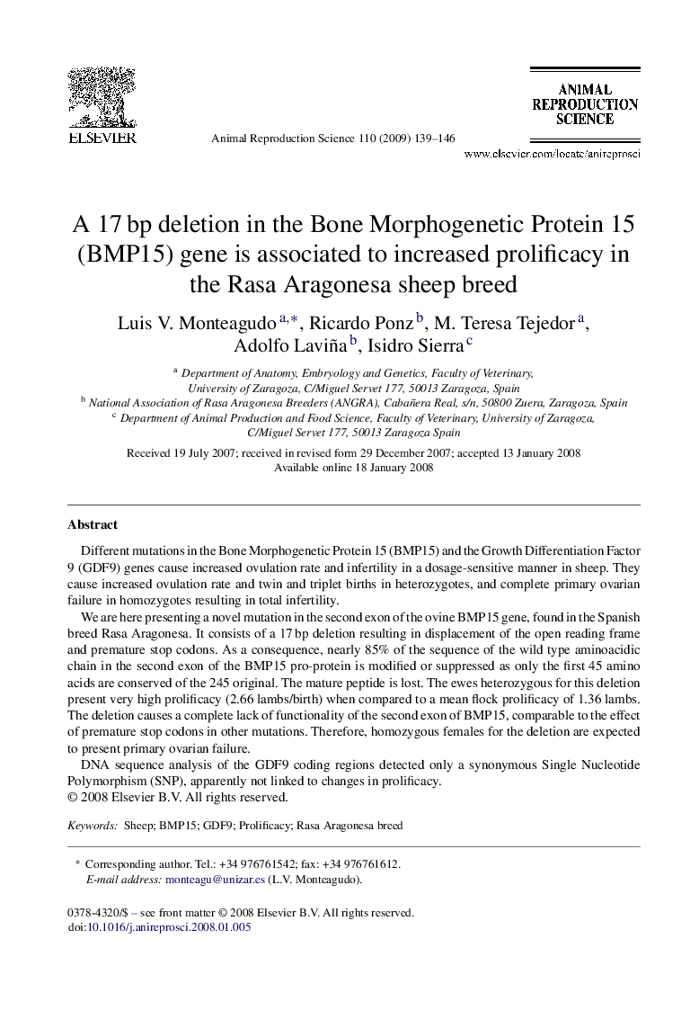 A 17 bp deletion in the Bone Morphogenetic Protein 15 (BMP15) gene is associated to increased prolificacy in the Rasa Aragonesa sheep breed