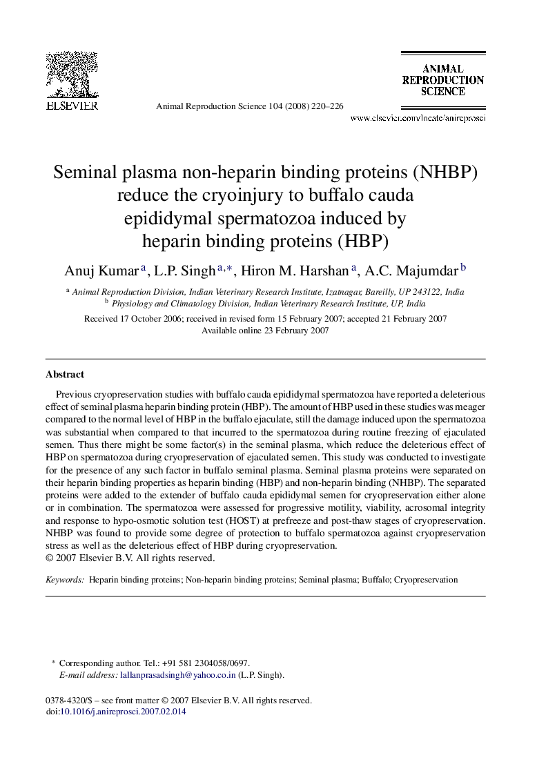 Seminal plasma non-heparin binding proteins (NHBP) reduce the cryoinjury to buffalo cauda epididymal spermatozoa induced by heparin binding proteins (HBP)