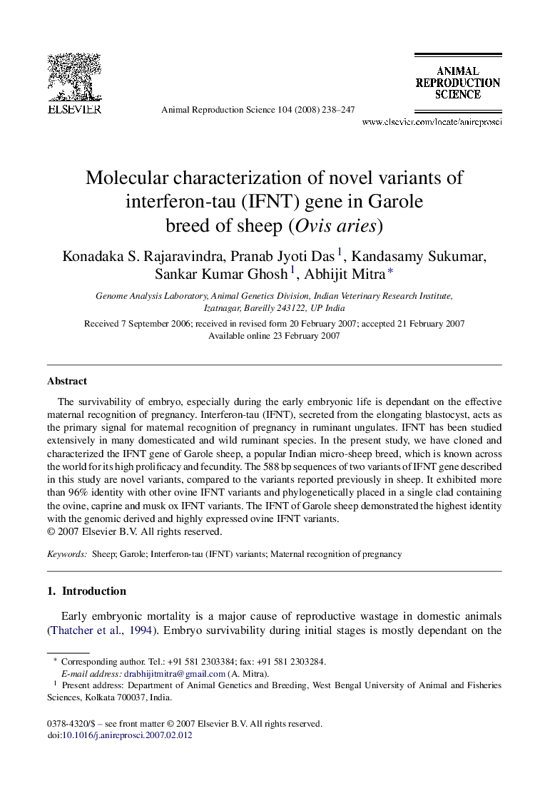 Molecular characterization of novel variants of interferon-tau (IFNT) gene in Garole breed of sheep (Ovis aries)