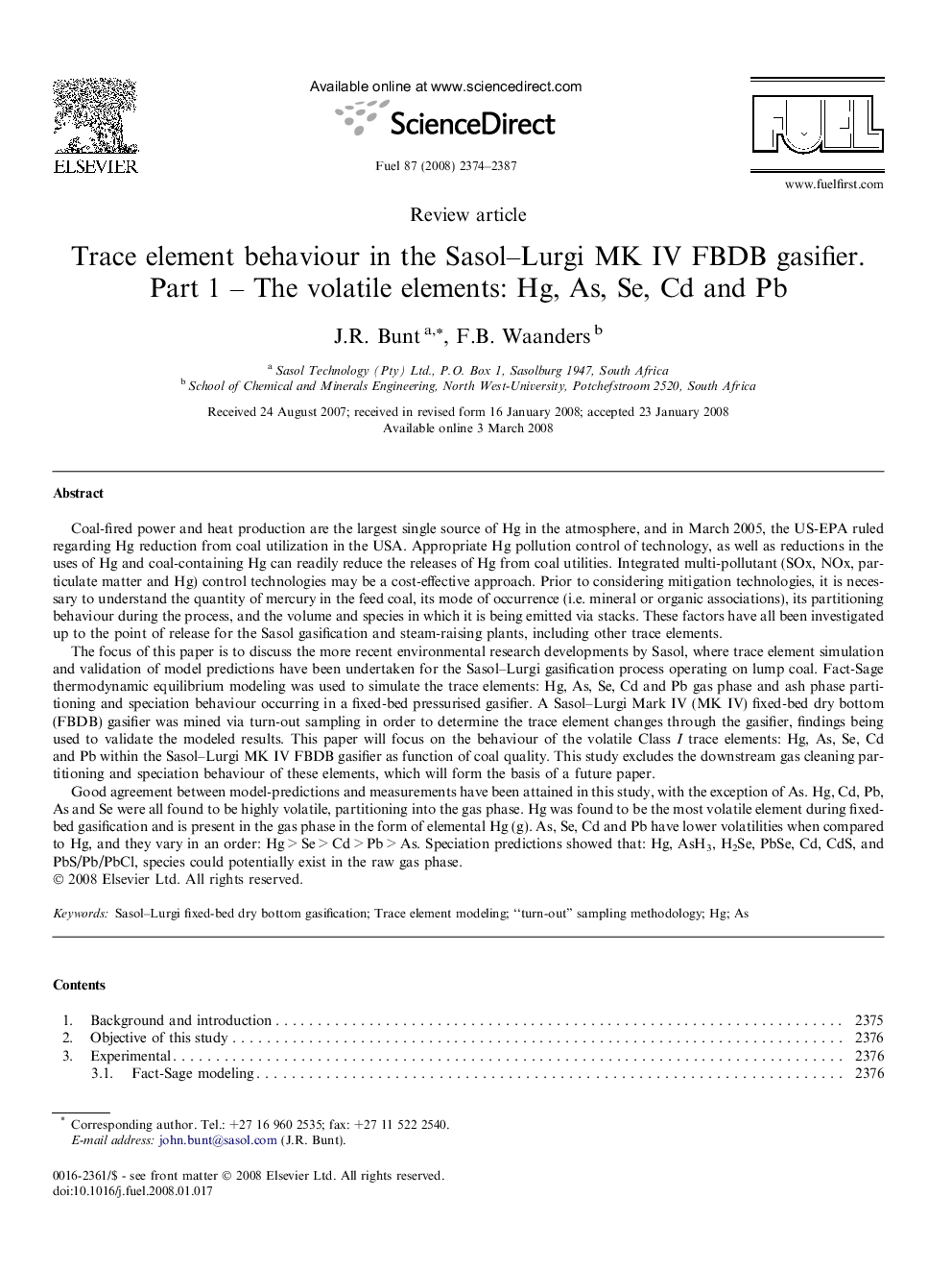 Trace element behaviour in the Sasol–Lurgi MK IV FBDB gasifier. Part 1 – The volatile elements: Hg, As, Se, Cd and Pb