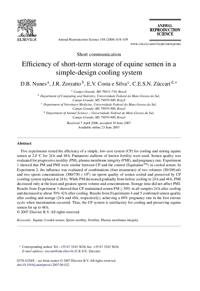 Efficiency of short-term storage of equine semen in a simple-design cooling system