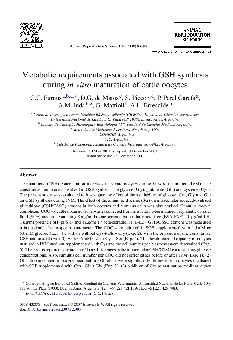 Metabolic requirements associated with GSH synthesis during in vitro maturation of cattle oocytes