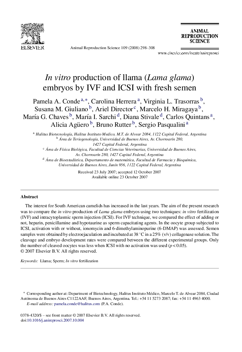 In vitro production of llama (Lama glama) embryos by IVF and ICSI with fresh semen