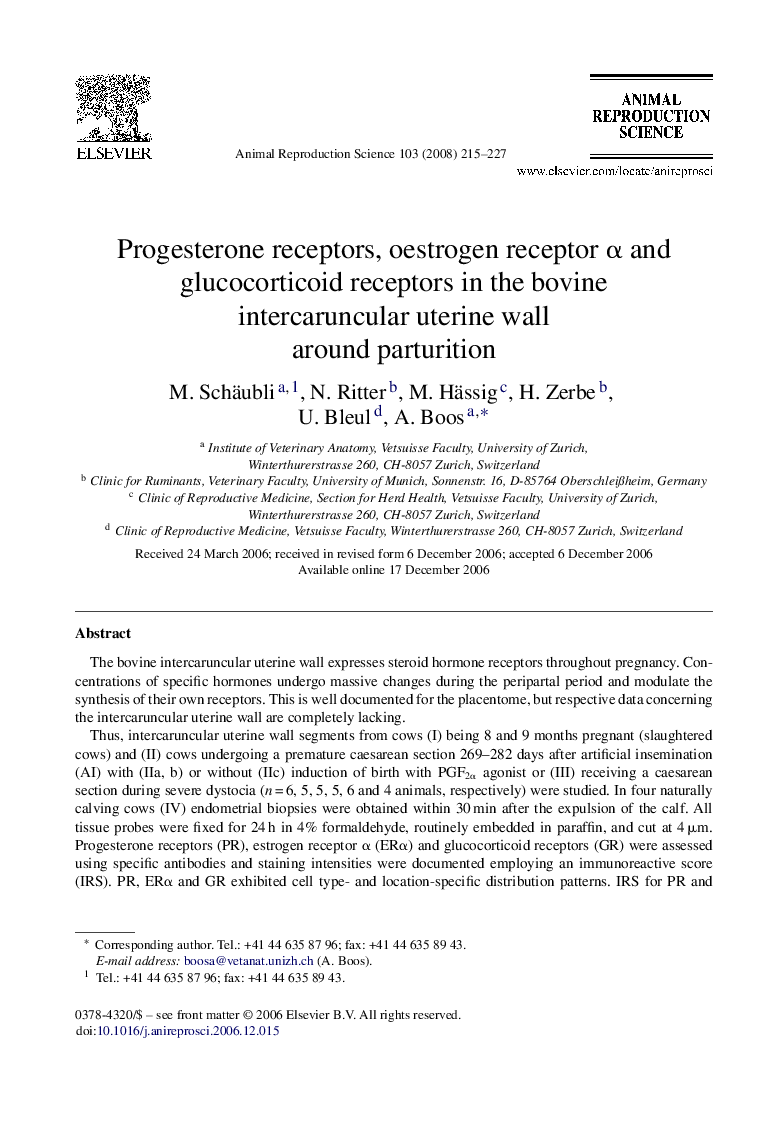 Progesterone receptors, oestrogen receptor α and glucocorticoid receptors in the bovine intercaruncular uterine wall around parturition