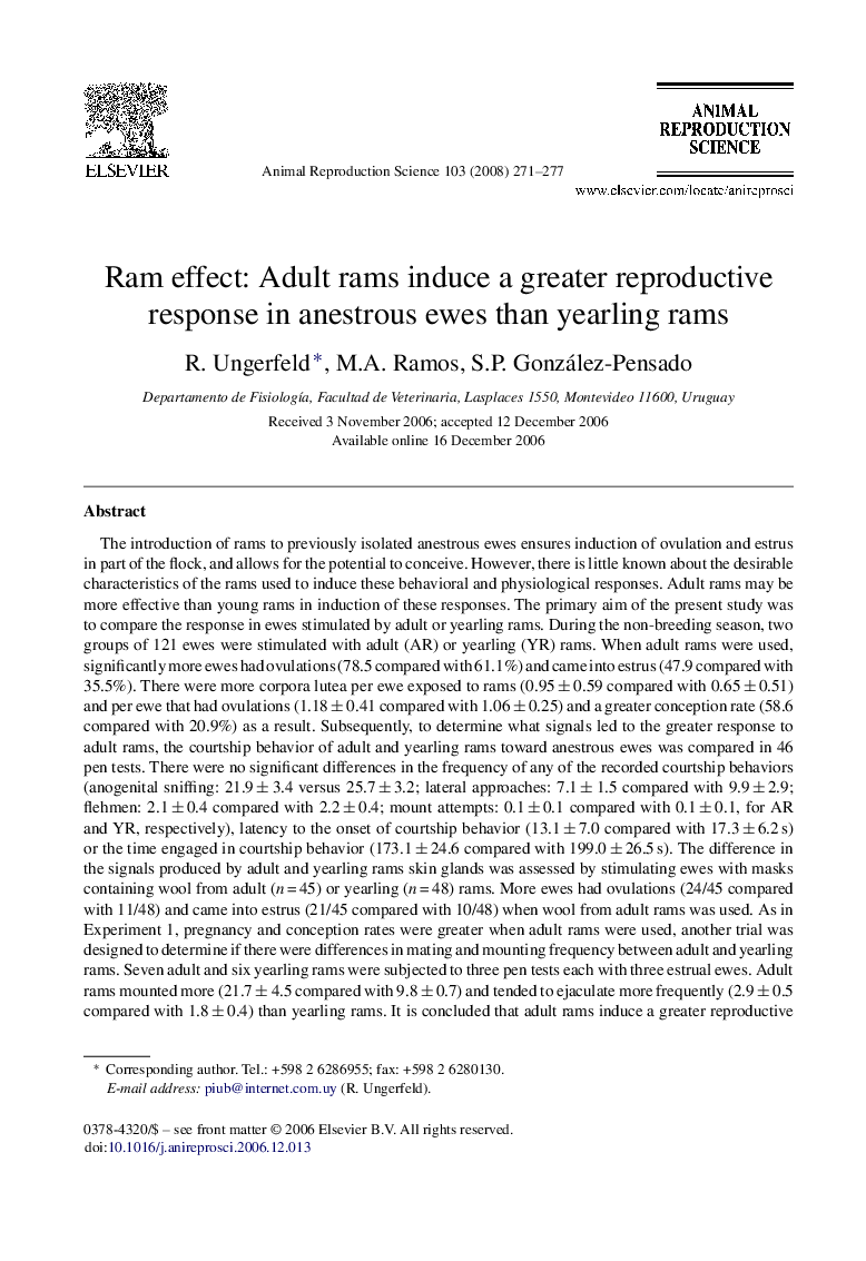 Ram effect: Adult rams induce a greater reproductive response in anestrous ewes than yearling rams