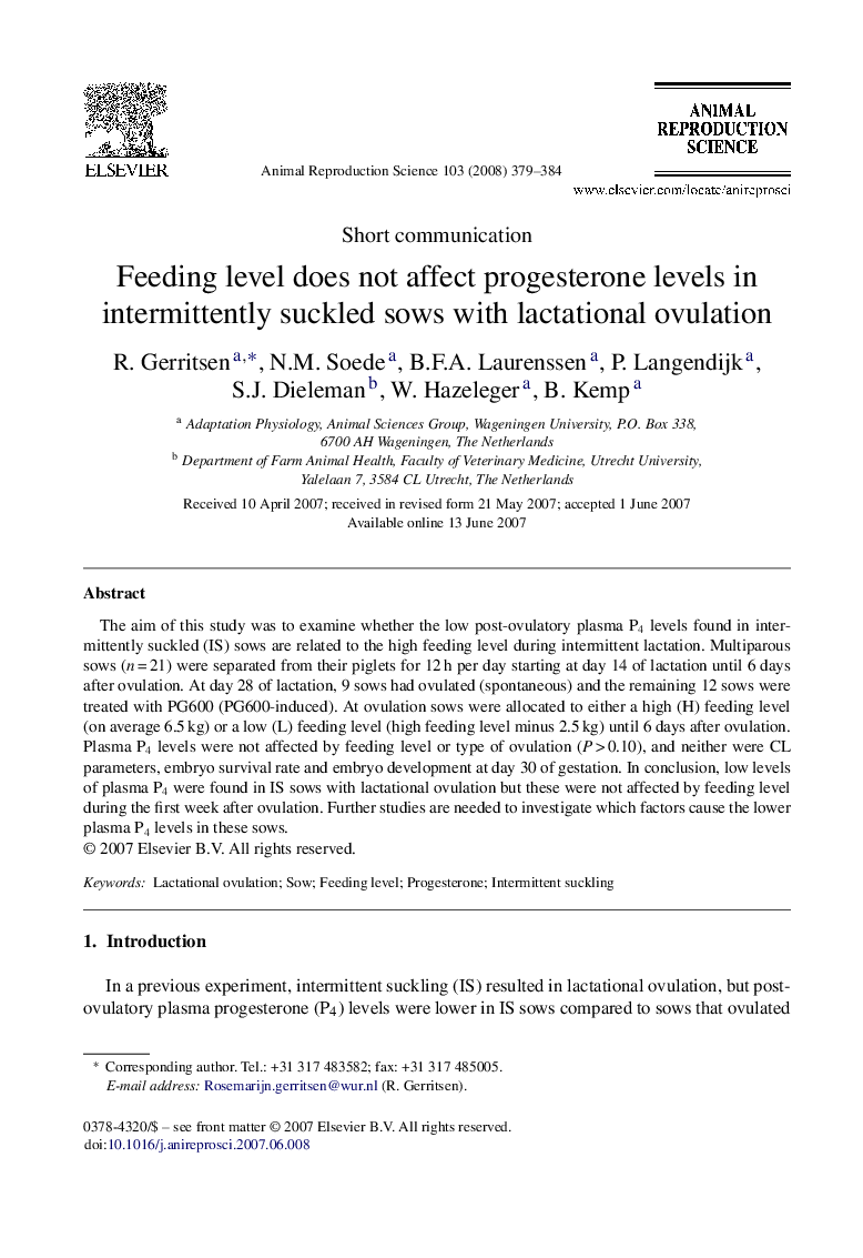 Feeding level does not affect progesterone levels in intermittently suckled sows with lactational ovulation