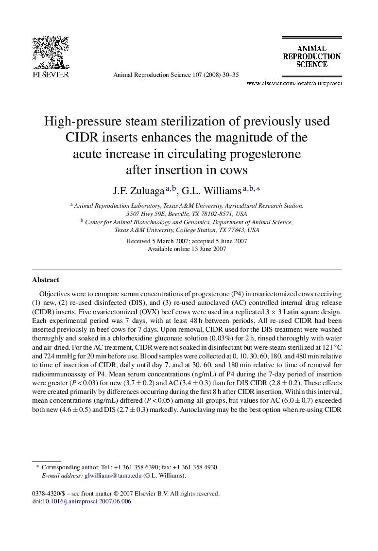 High-pressure steam sterilization of previously used CIDR inserts enhances the magnitude of the acute increase in circulating progesterone after insertion in cows