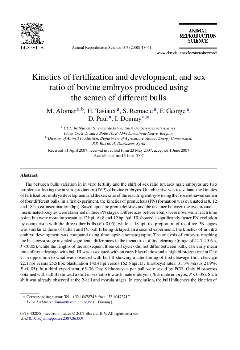 Kinetics of fertilization and development, and sex ratio of bovine embryos produced using the semen of different bulls