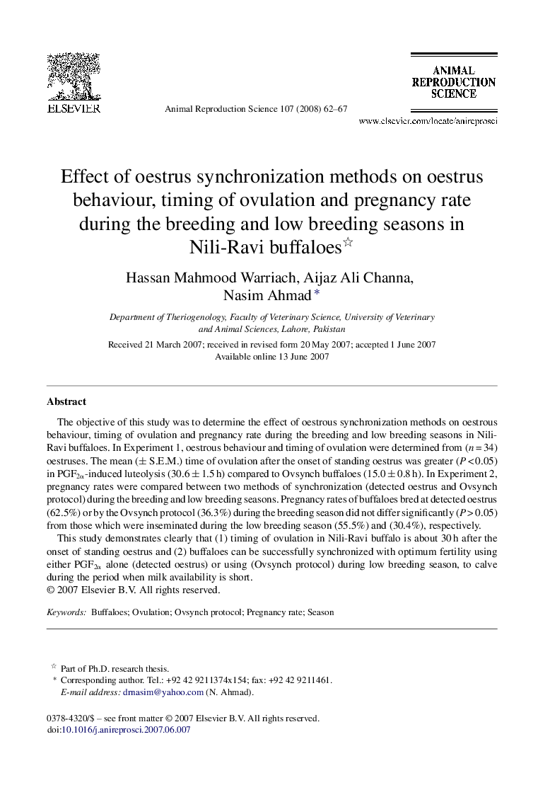 Effect of oestrus synchronization methods on oestrus behaviour, timing of ovulation and pregnancy rate during the breeding and low breeding seasons in Nili-Ravi buffaloes 