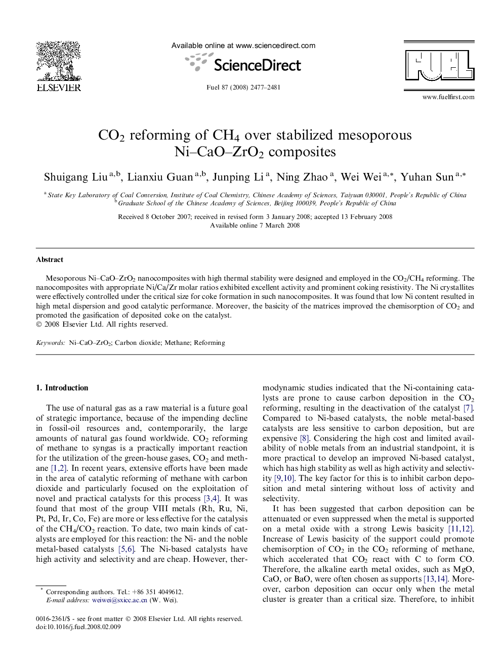 CO2 reforming of CH4 over stabilized mesoporous Ni–CaO–ZrO2 composites