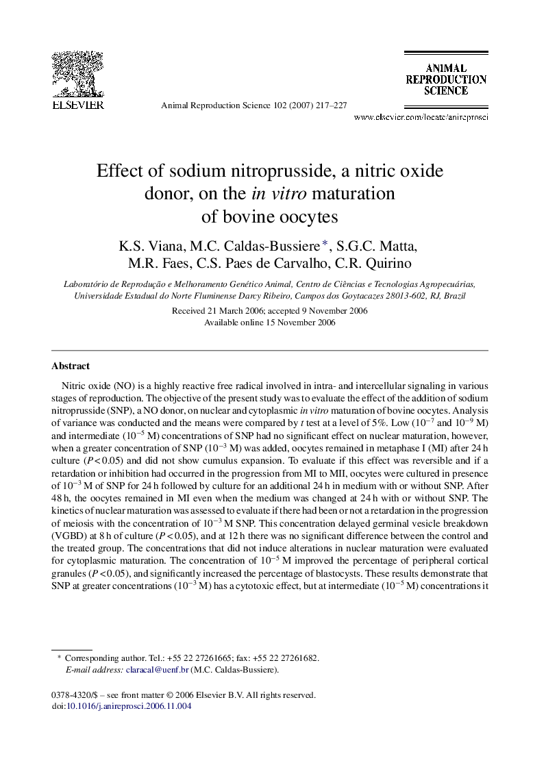 Effect of sodium nitroprusside, a nitric oxide donor, on the in vitro maturation of bovine oocytes