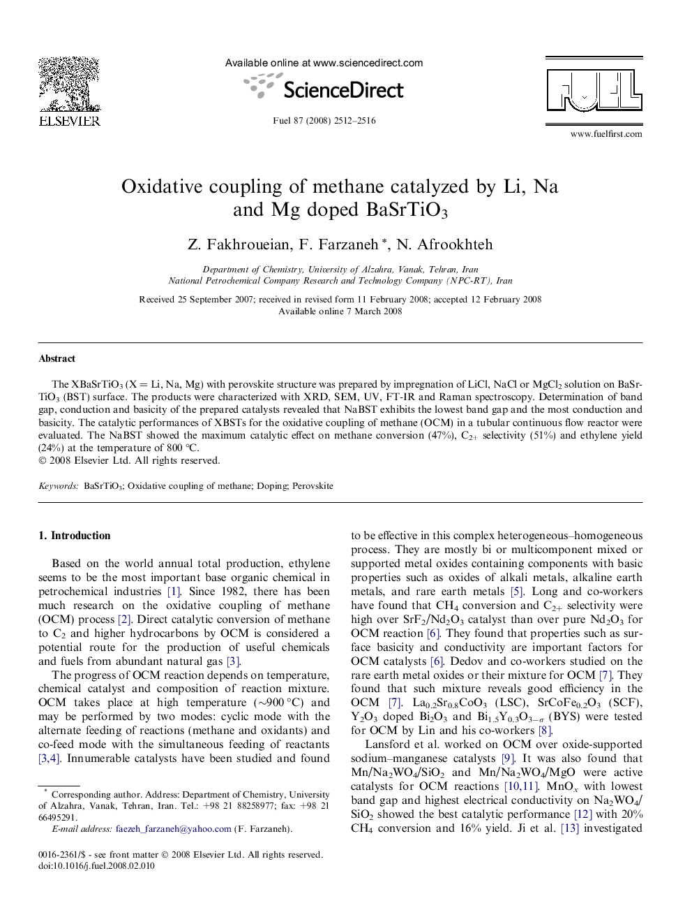 Oxidative coupling of methane catalyzed by Li, Na and Mg doped BaSrTiO3