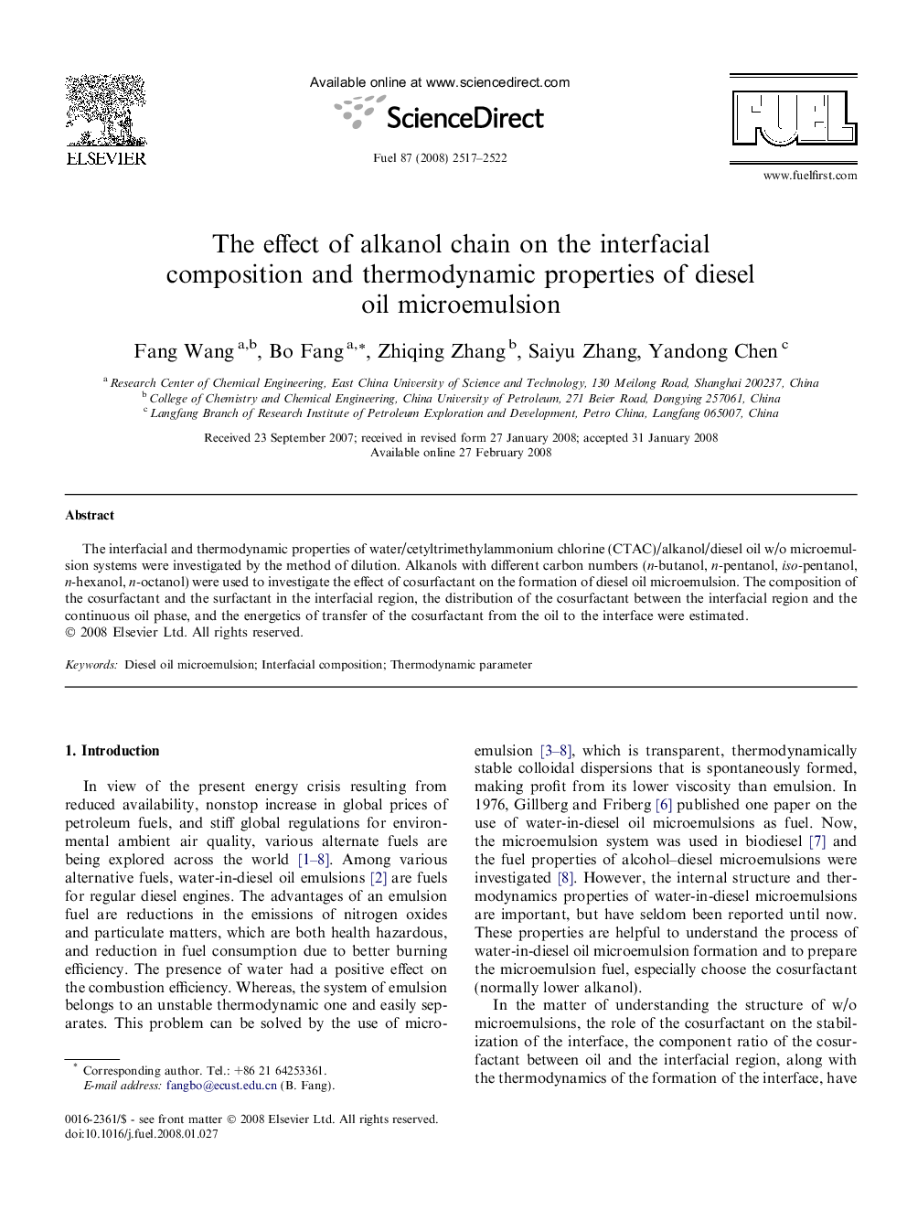 The effect of alkanol chain on the interfacial composition and thermodynamic properties of diesel oil microemulsion