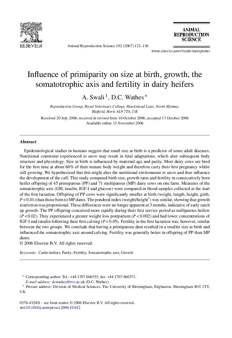 Influence of primiparity on size at birth, growth, the somatotrophic axis and fertility in dairy heifers