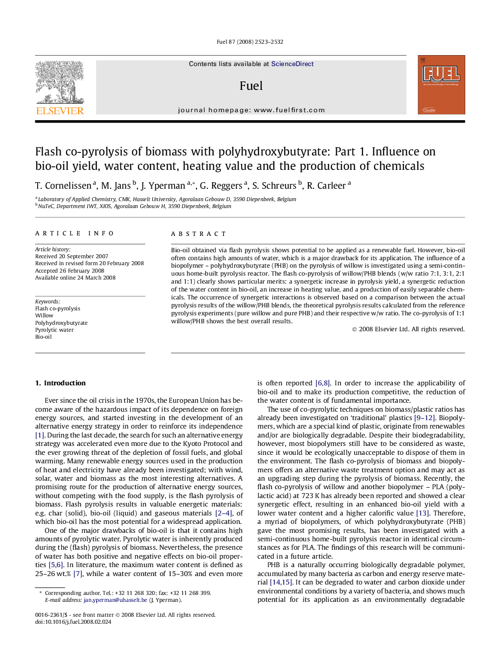 Flash co-pyrolysis of biomass with polyhydroxybutyrate: Part 1. Influence on bio-oil yield, water content, heating value and the production of chemicals