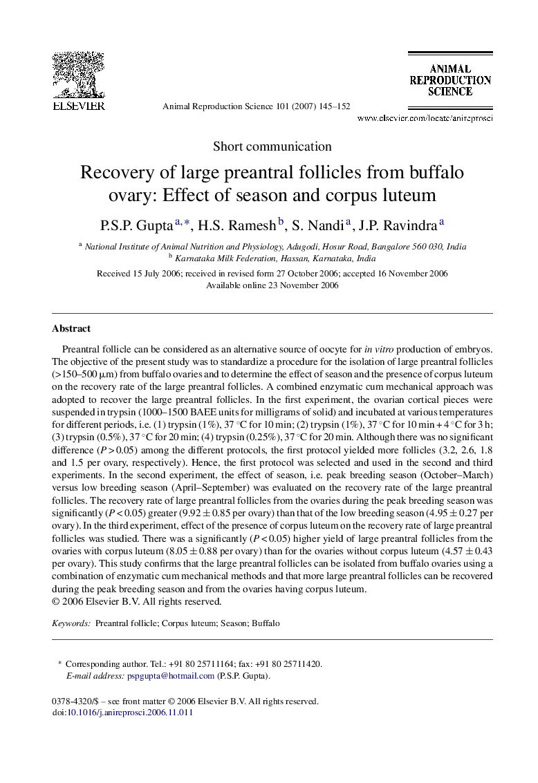 Recovery of large preantral follicles from buffalo ovary: Effect of season and corpus luteum