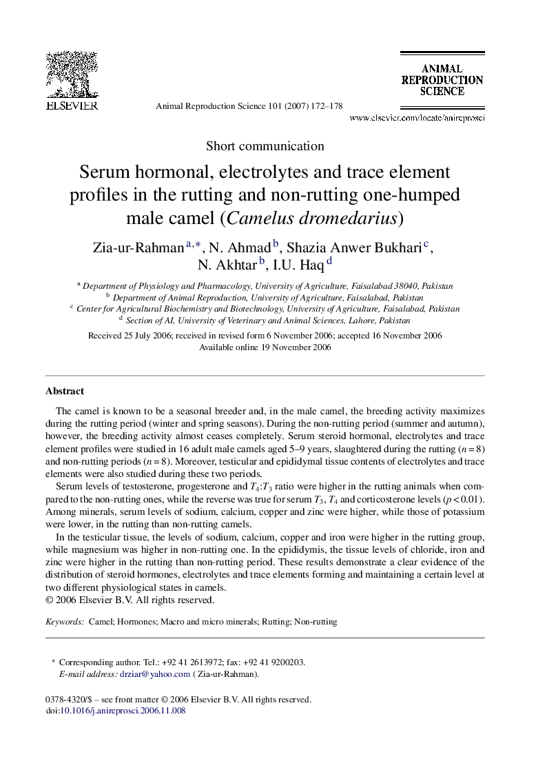 Serum hormonal, electrolytes and trace element profiles in the rutting and non-rutting one-humped male camel (Camelus dromedarius)