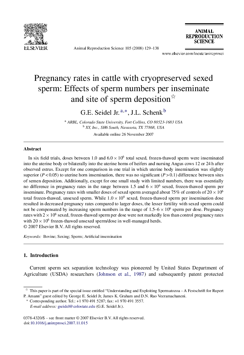 Pregnancy rates in cattle with cryopreserved sexed sperm: Effects of sperm numbers per inseminate and site of sperm deposition 