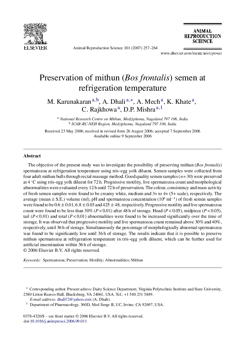 Preservation of mithun (Bos frontalis) semen at refrigeration temperature