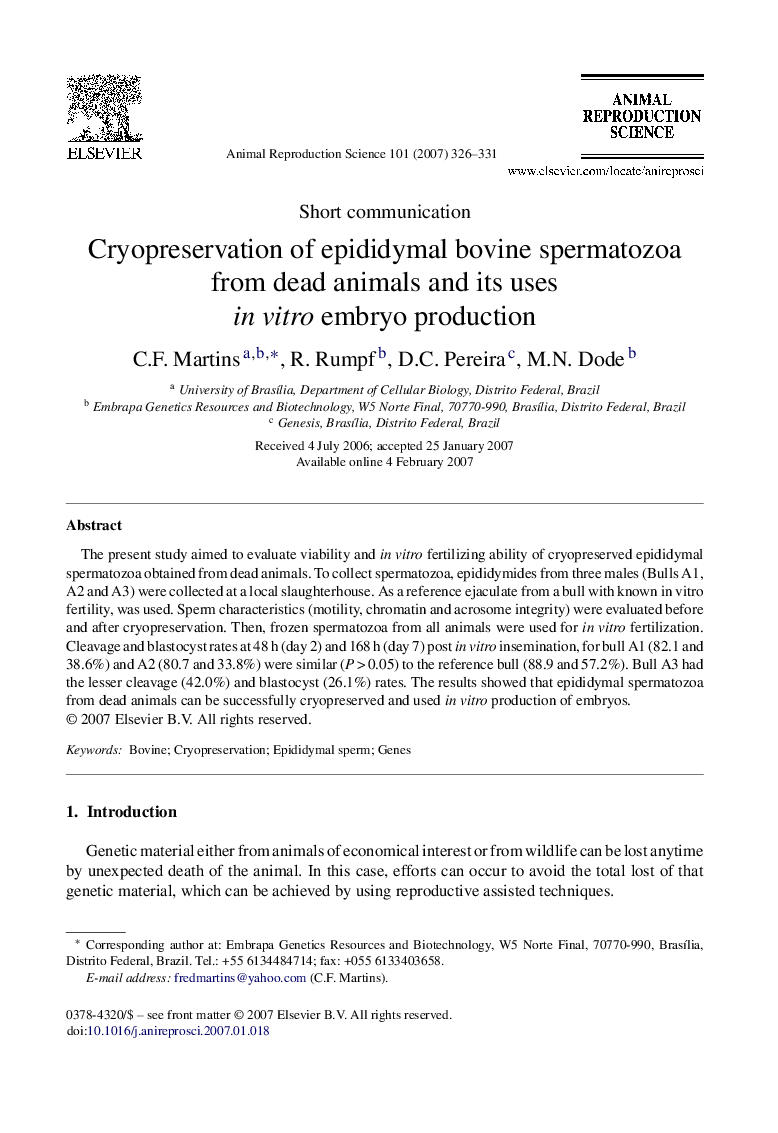 Cryopreservation of epididymal bovine spermatozoa from dead animals and its uses in vitro embryo production
