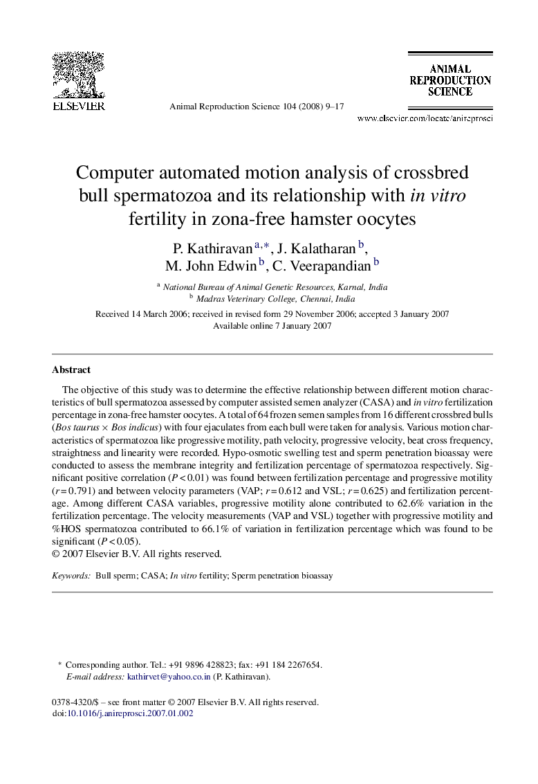 Computer automated motion analysis of crossbred bull spermatozoa and its relationship with in vitro fertility in zona-free hamster oocytes