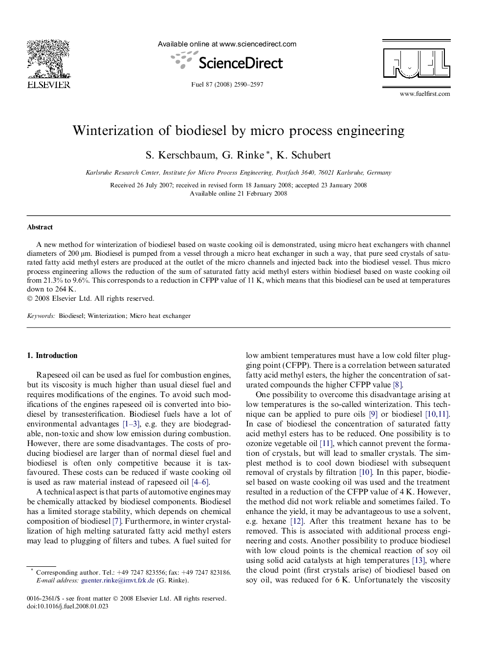 عکس صفحه اول مقاله: Winterization of biodiesel by micro process engineering Winterization of biodiesel by micro process engineering