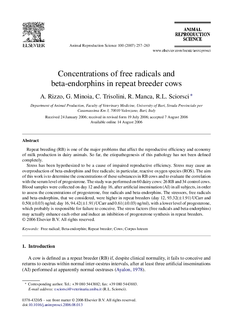 Concentrations of free radicals and beta-endorphins in repeat breeder cows