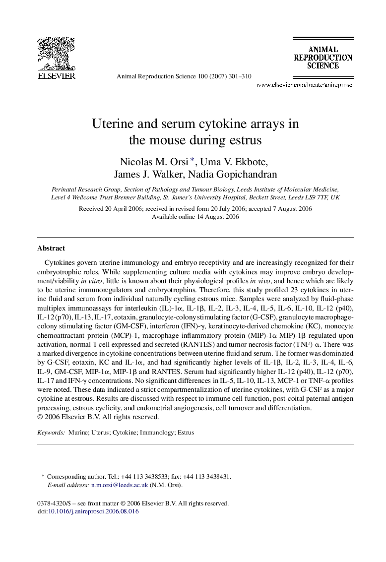 Uterine and serum cytokine arrays in the mouse during estrus