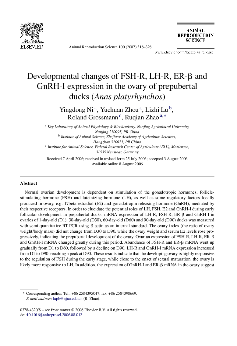 Developmental changes of FSH-R, LH-R, ER-β and GnRH-I expression in the ovary of prepubertal ducks (Anas platyrhynchos)