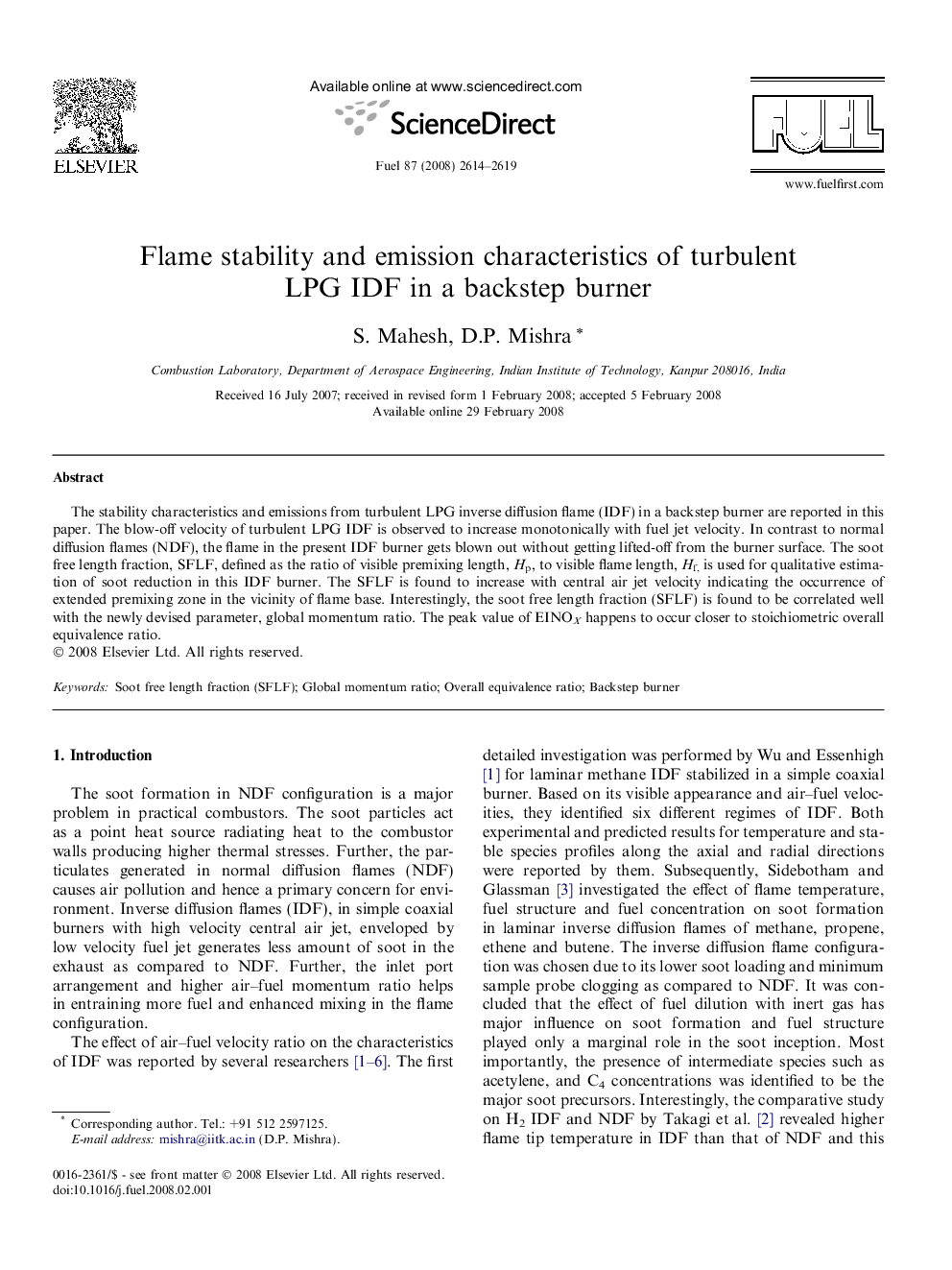 Flame stability and emission characteristics of turbulent LPG IDF in a backstep burner