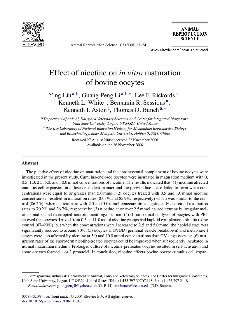 Effect of nicotine on in vitro maturation of bovine oocytes