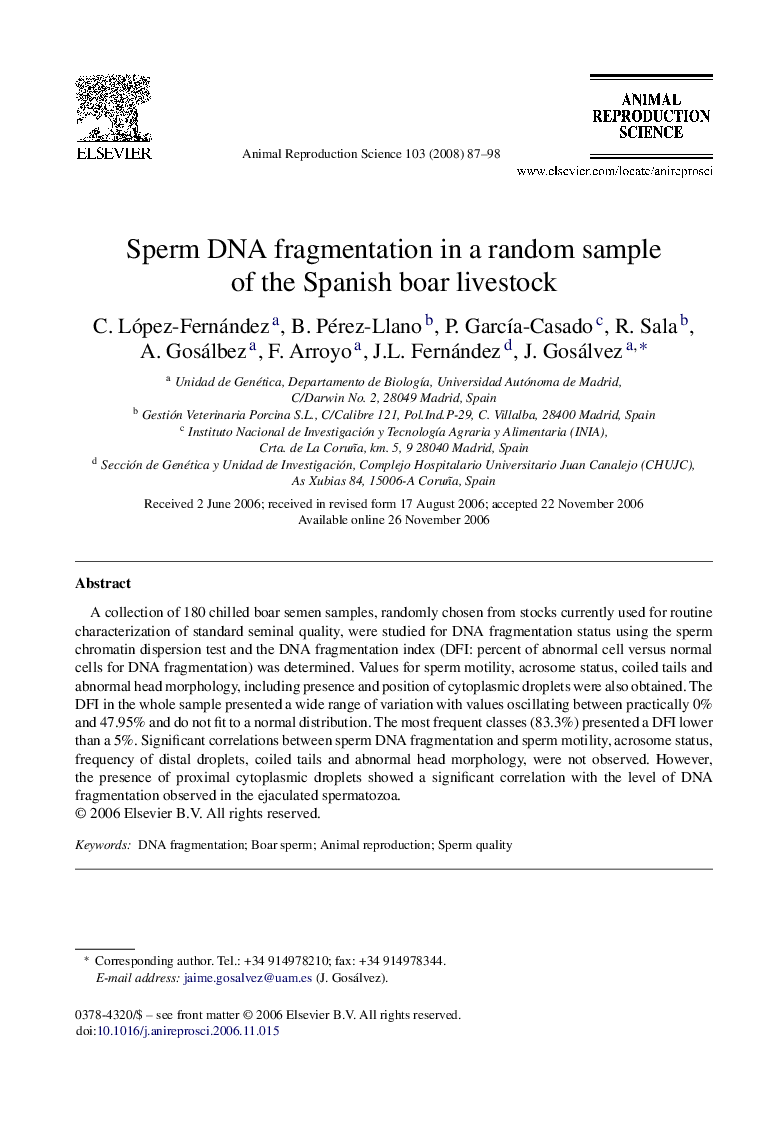 Sperm DNA fragmentation in a random sample of the Spanish boar livestock