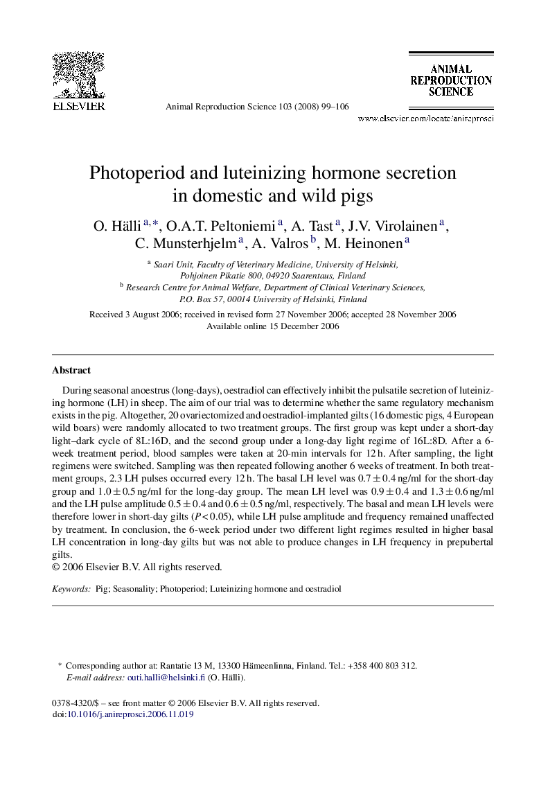 Photoperiod and luteinizing hormone secretion in domestic and wild pigs