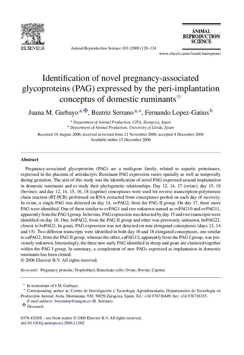 Identification of novel pregnancy-associated glycoproteins (PAG) expressed by the peri-implantation conceptus of domestic ruminants 